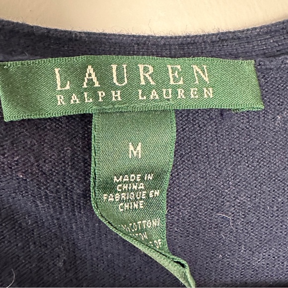 Lauren Ralph Lauren Button V Neck Cardigan Womens Size Medium Cotton Navy - Picture 2 of 4